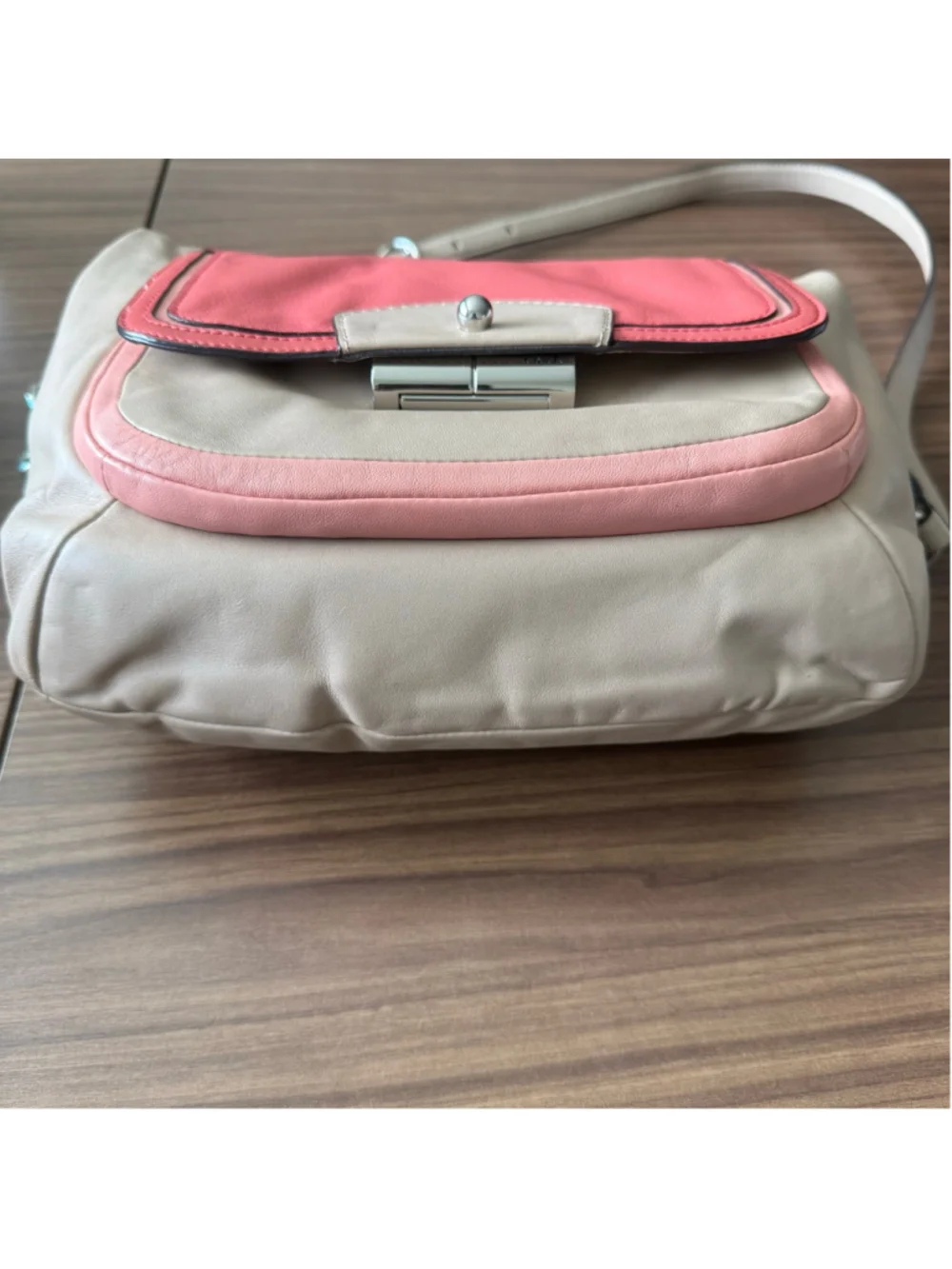 Coach Kristin Colorblock Leather Shoulder Crossbody Bag Beige Coral Pink F22509